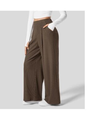 Halara Ribbed Knit Wide Leg Pants High Waisted Pleated Brown pockets Small